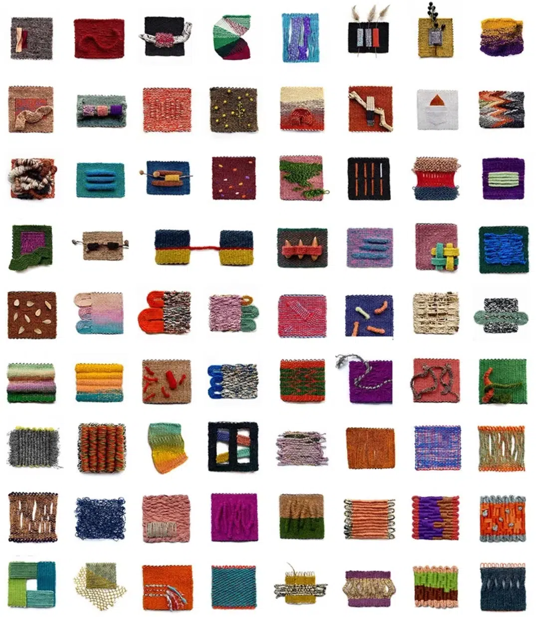Collage van kleurrijke miniatuur weefwerkjes op Mirrix weefgetouwen, gemaakt door Natasha Khiev — tapisserie en kralenweefsel